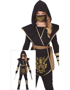 Costume ninja nero con maschera dorata e mantello per bambino Halloween Carnevale