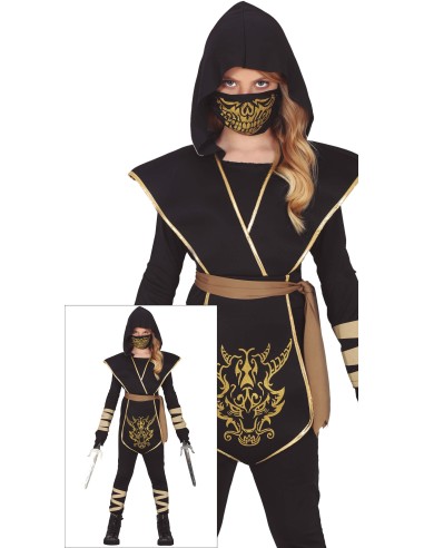 Costume ninja nero con maschera dorata e mantello per bambino Halloween Carnevale