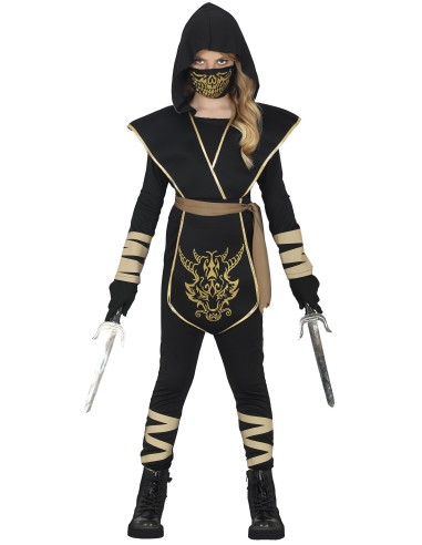 Costume ninja nero con maschera dorata e mantello per bambino Halloween Carnevale