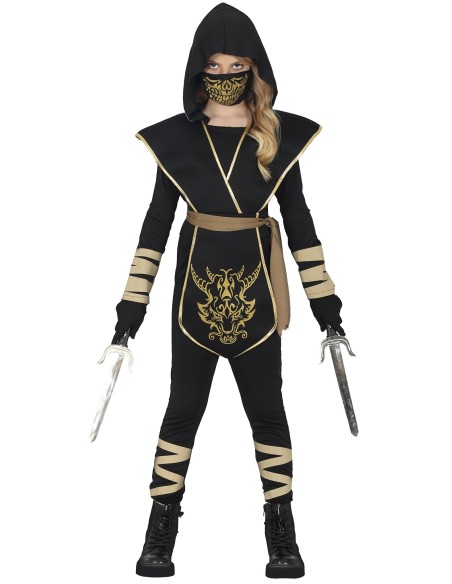 Costume ninja nero con maschera dorata e mantello per bambino Halloween Carnevale