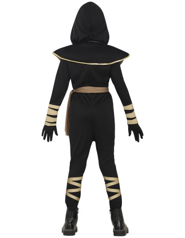 Costume ninja nero con maschera dorata e mantello per bambino Halloween Carnevale