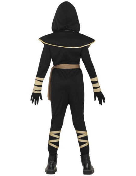 Costume ninja nero con maschera dorata e mantello per bambino Halloween Carnevale
