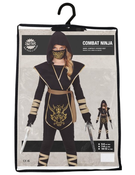 Costume ninja nero con maschera dorata e mantello per bambino Halloween Carnevale