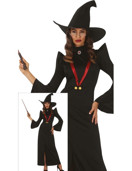 Costume strega preside nero con cappello a punta e abito lungo per donna Halloween