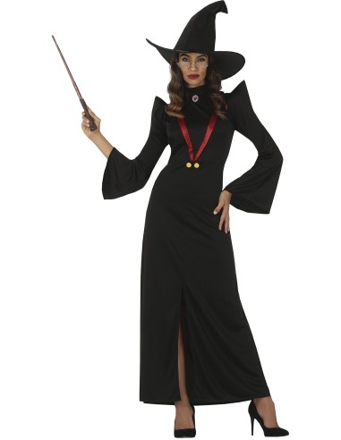 Costume strega preside nero con cappello a punta e abito lungo per donna Halloween