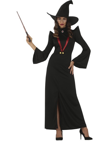 Costume strega preside nero con cappello a punta e abito lungo per donna Halloween