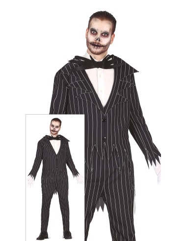 Costume da scheletro elegante uomo con giacca gessata nera e papillon per Halloween