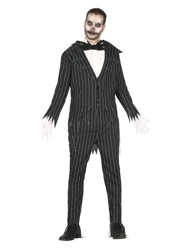 Costume da scheletro elegante uomo con giacca gessata nera e papillon per Halloween