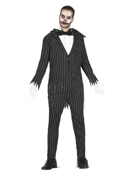 Costume da scheletro elegante uomo con giacca gessata nera e papillon per Halloween