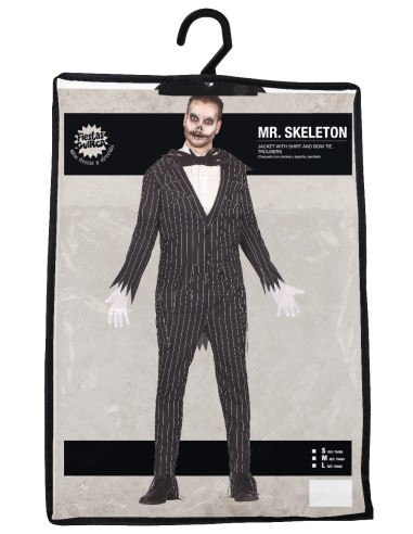 Costume da scheletro elegante uomo con giacca gessata nera e papillon per Halloween