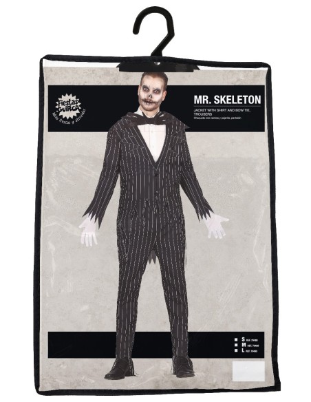 Costume da scheletro elegante uomo con giacca gessata nera e papillon per Halloween
