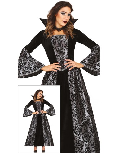 Costume vampiro donna nero argento con maniche ampie colletto alto per Halloween