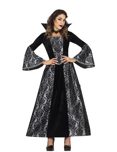 Costume vampiro donna nero argento con maniche ampie colletto alto per Halloween