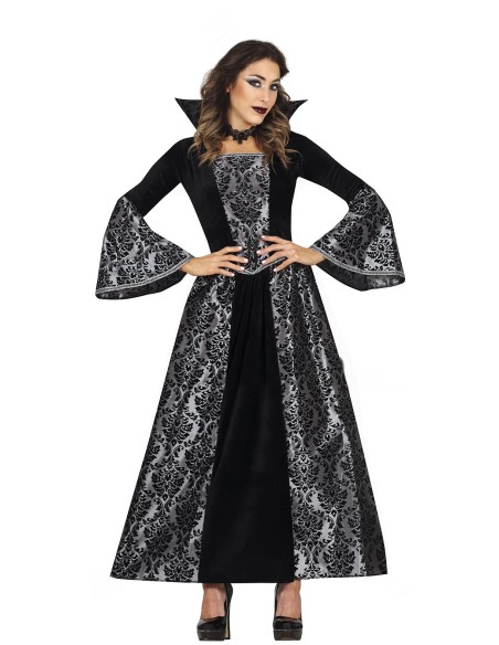 Costume vampiro donna nero argento con maniche ampie colletto alto per Halloween