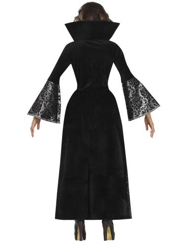 Costume vampiro donna nero argento con maniche ampie colletto alto per Halloween