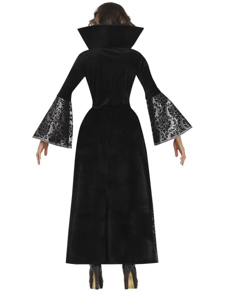Costume vampiro donna nero argento con maniche ampie colletto alto per Halloween