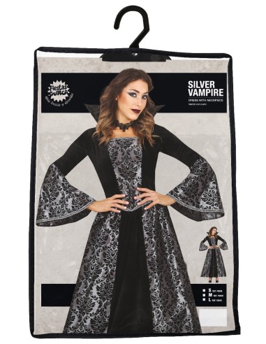 Costume vampiro donna nero argento con maniche ampie colletto alto per Halloween