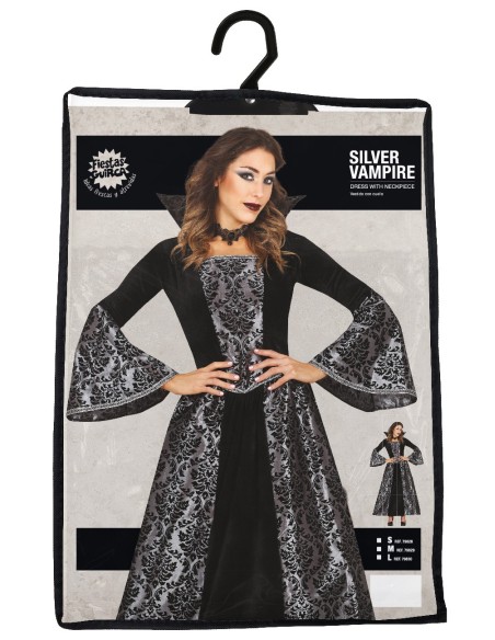Costume vampiro donna nero argento con maniche ampie colletto alto per Halloween