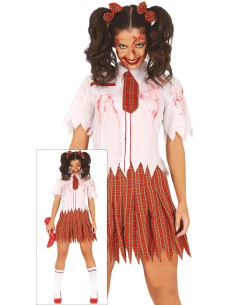 Costume studentessa zombie con camicia insanguinata, gonna plissettata rossa e calze bianche per Halloween