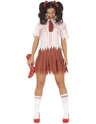 Costume studentessa zombie con camicia insanguinata, gonna plissettata rossa e calze bianche per Halloween