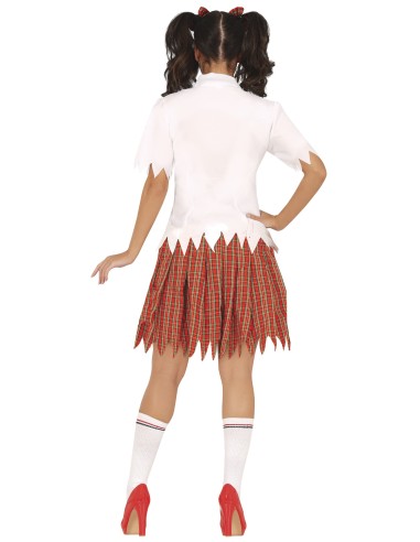 Costume studentessa zombie con camicia insanguinata, gonna plissettata rossa e calze bianche per Halloween