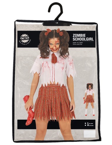Costume studentessa zombie con camicia insanguinata, gonna plissettata rossa e calze bianche per Halloween