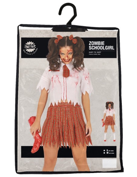 Costume studentessa zombie con camicia insanguinata, gonna plissettata rossa e calze bianche per Halloween