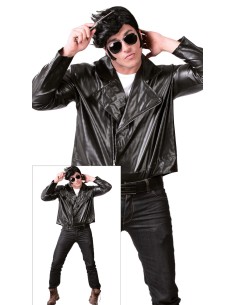 Giacca biker nera in ecopelle stile rock anni 50 per costume carnevale uomo con occhiali da sole