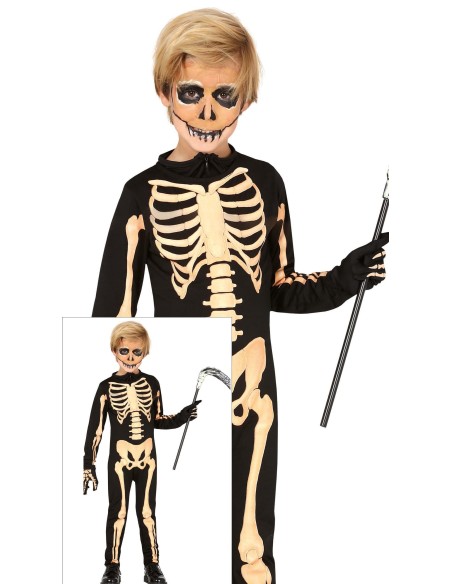 Costume scheletro bambino tuta nera con stampa ossa anatomiche per Halloween horror