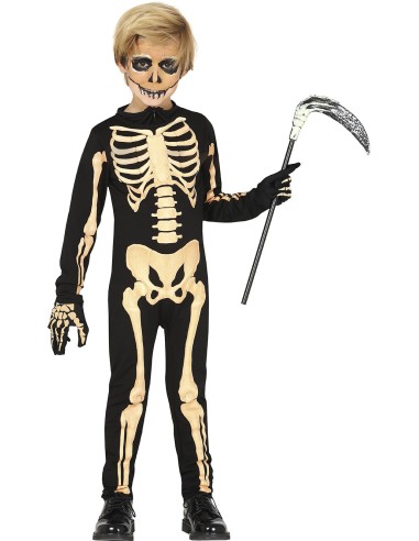 Costume scheletro bambino tuta nera con stampa ossa anatomiche per Halloween horror