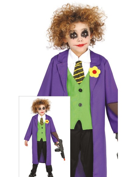 Costume Joker bambino con giacca viola, gilet verde e cravatta a righe per travestimento Halloween