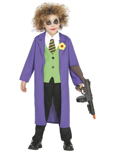 Costume Joker bambino con giacca viola, gilet verde e cravatta a righe per travestimento Halloween