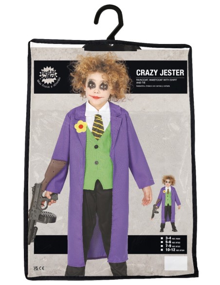 Costume Joker bambino con giacca viola, gilet verde e cravatta a righe per travestimento Halloween