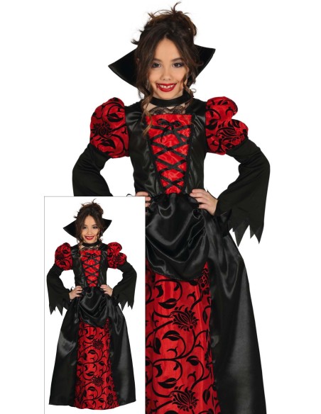Costume vampiressa bambina con abito rosso nero e mantello per Halloween