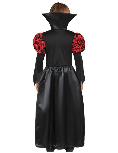 Costume vampiressa bambina con abito rosso nero e mantello per Halloween