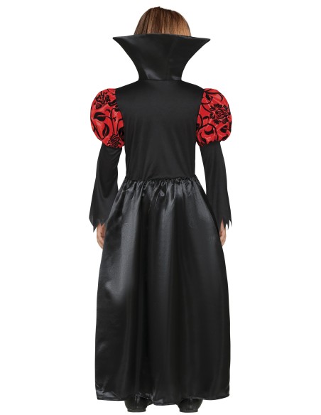Costume vampiressa bambina con abito rosso nero e mantello per Halloween
