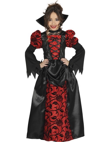 Costume vampiressa bambina con abito rosso nero e mantello per Halloween