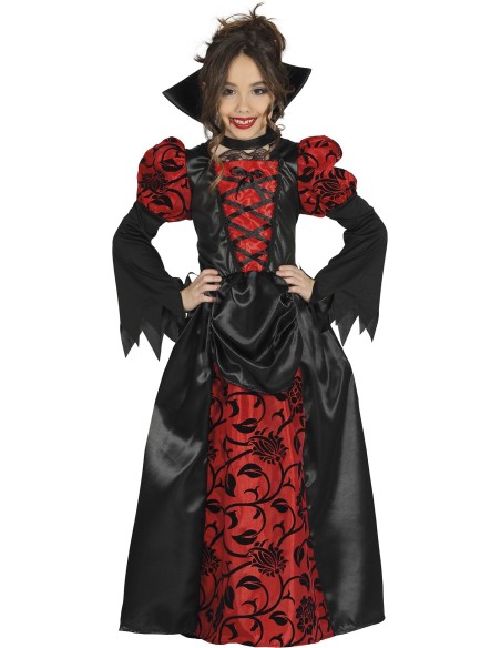 Costume vampiressa bambina con abito rosso nero e mantello per Halloween