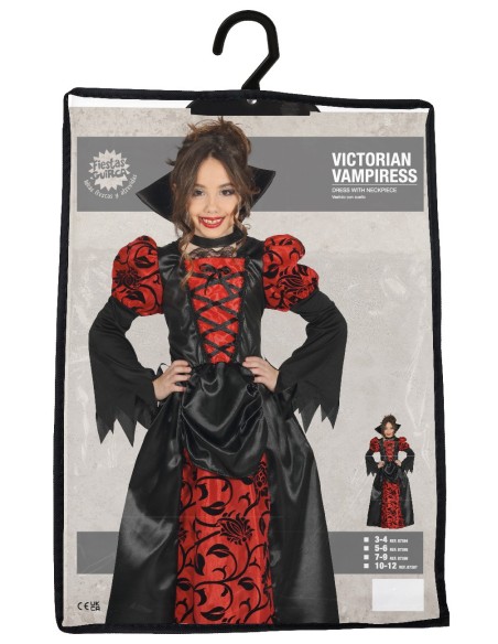 Costume vampiressa bambina con abito rosso nero e mantello per Halloween