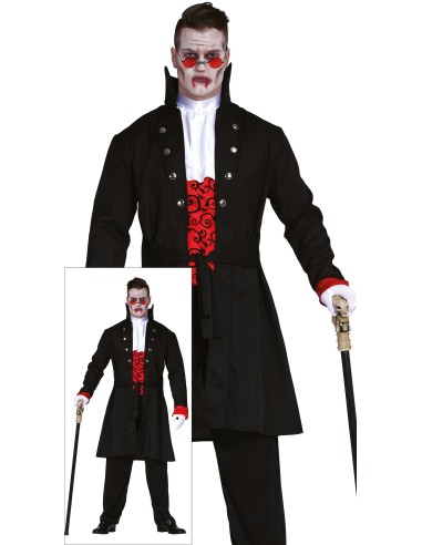 Costume vampiro uomo con giacca nera doppiopetto, gilè rosso decorato e mantello per Halloween