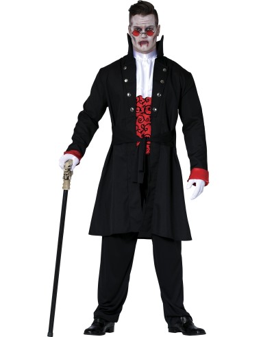Costume vampiro uomo con giacca nera doppiopetto, gilè rosso decorato e mantello per Halloween