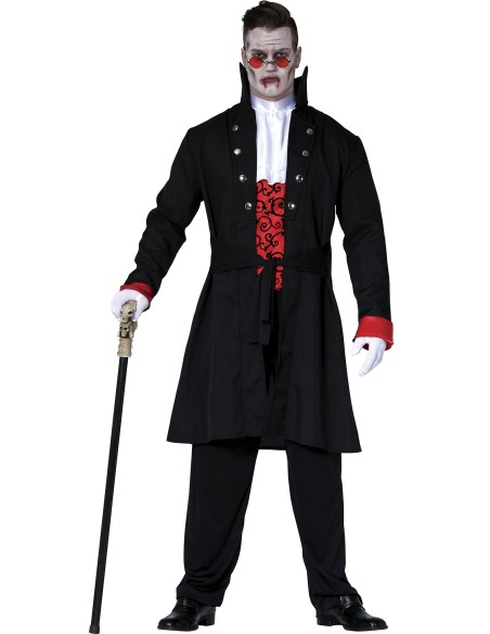Costume vampiro uomo con giacca nera doppiopetto, gilè rosso decorato e mantello per Halloween