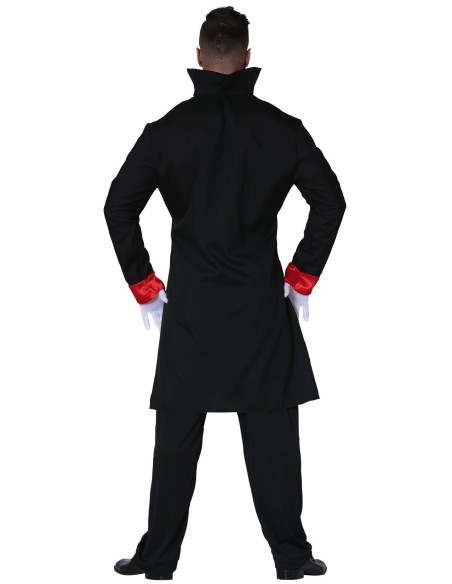Costume vampiro uomo con giacca nera doppiopetto, gilè rosso decorato e mantello per Halloween