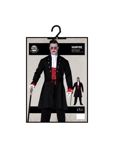 Costume vampiro uomo con giacca nera doppiopetto, gilè rosso decorato e mantello per Halloween