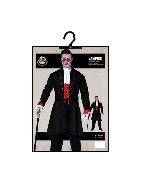 Costume vampiro uomo con giacca nera doppiopetto, gilè rosso decorato e mantello per Halloween