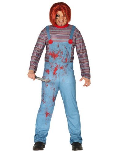 Costume Chucky uomo con maschera capelli rossi, tuta blu insanguinata e maglietta righe per Halloween horror