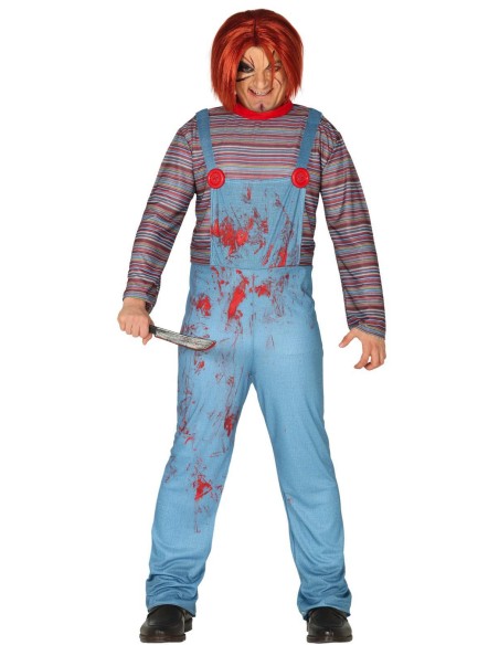Costume Chucky uomo con maschera capelli rossi, tuta blu insanguinata e maglietta righe per Halloween horror