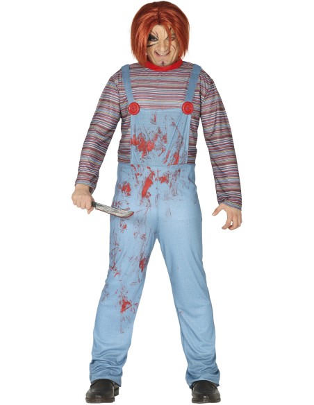 Costume Chucky uomo con maschera capelli rossi, tuta blu insanguinata e maglietta righe per Halloween horror