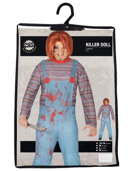 Costume Chucky uomo con maschera capelli rossi, tuta blu insanguinata e maglietta righe per Halloween horror