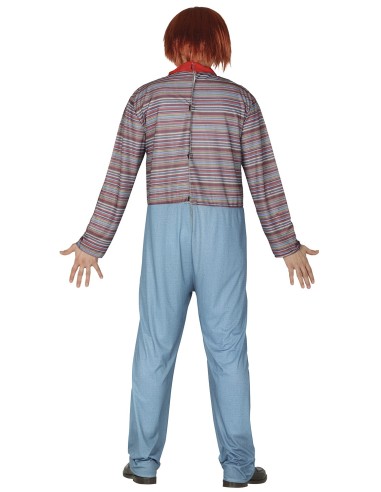 Costume Chucky uomo con maschera capelli rossi, tuta blu insanguinata e maglietta righe per Halloween horror